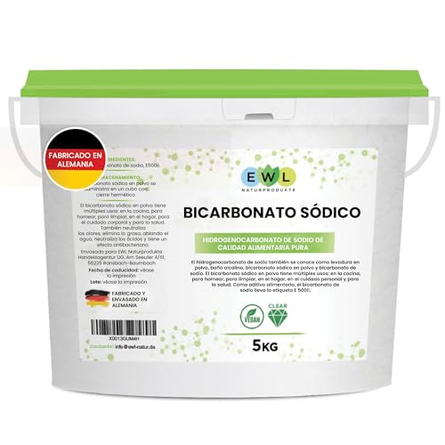 EWL Naturprodukte Bicarbonato de Sodio 5 kg, en un Cubo resellable, Levadura en Polvo de alta Pureza y Calidad Alimentaria Alemana, Baking Soda