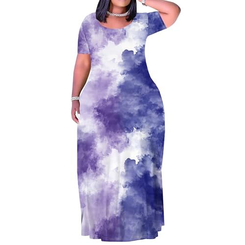 Image of SUZONANA Plus Size Maxi Dress for Curvy Women Summer Casual Sundress Short Sleeve Loose Vacation Dress