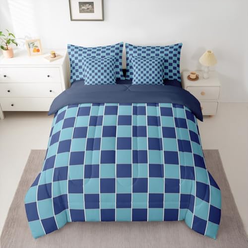 Image of Erosebridal 7 Piece Blue Boys Comforter Sets Navy Blue Teen Boy Bedding Set King,Geometric Checkered Plaid Bed in A Bag with Sheets for Kids Men,Grids Gingham Bed Set with Cushion Covers