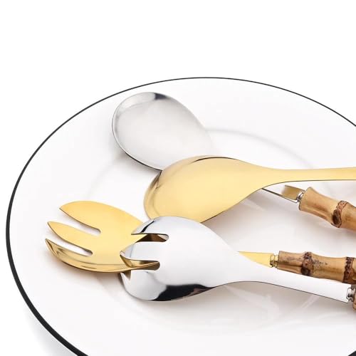 Set di posate – 4 pezzi cucchiaio da insalata con manico lungo forchetta forchetta cucchiaio da portata con manici in legno di bambù e stoviglie in acciaio inox