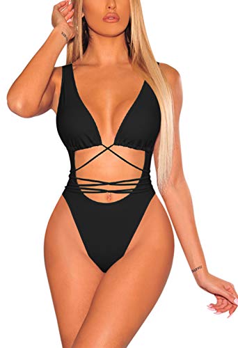 Pink Queen Women's Cheeky Swimsuit Backless Straps One Piece Swimwear Black S #TOP16