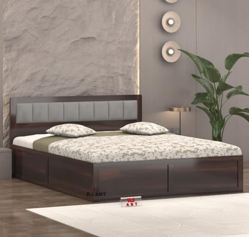 Image of Wooden Queen Size Bed with Storage | Double Bed Cot Bed with Box Storage & Upholstered Cushioned Headboard for Bedroom | Sheesham Wood, Walnut, Recommended Mattress | Size: 78 X 60