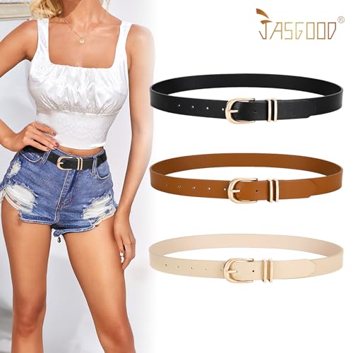 JASGOOD 3 Pack Women Leather Belts For Jeans Dresses Pants Ladies Faux Leather Waist Belt with Gold Buckle2