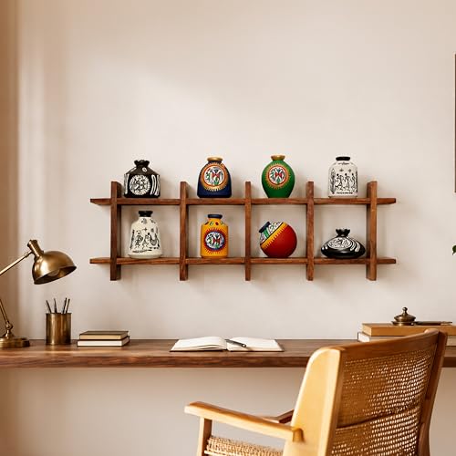 Image of AAKRITI ART CREATIONS Ladder Wall Decor 8 Handcrafted Warli Pots | Wooden Shelves Shelf Terracotta Vases | Matte Finish Decorative Wall Art for Living Room, Entryway & Gifting