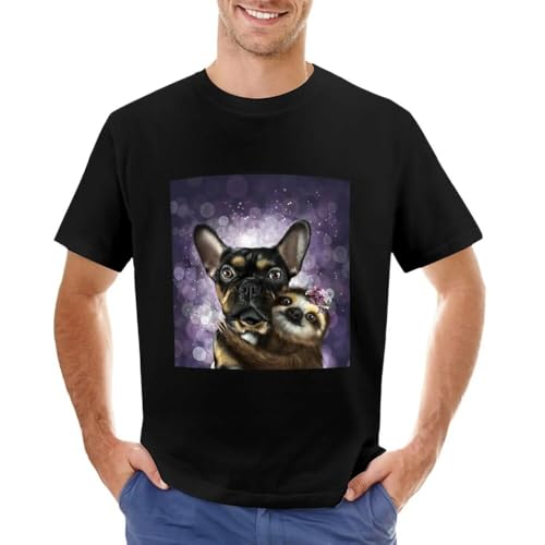 T-shirt Frenchie et paresseux noir pour homme | Col rond manches courtes