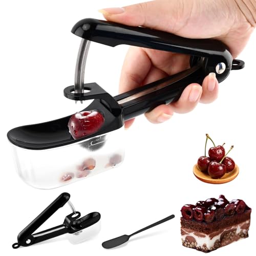 Cherry Pitter, Cherry Pit Remover Tool with Lock Design & See-d Catcher, Cherries Corer Pitter with Hand-Held Push, Olives Pitter Fruit Pit Remover for Cherries Jam(COLOR:Black)