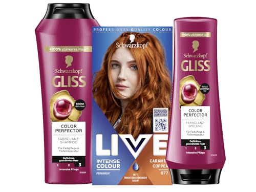 Schwarzkopf LIVE Intense Colour Haarfarbe 077 Caramel Copper (142 ml) permanente Coloration & Gliss Shampoo (250 ml) & Spülung (200 ml) Colour Perfector bietet Farbschutz und strahlenden Farbglanz