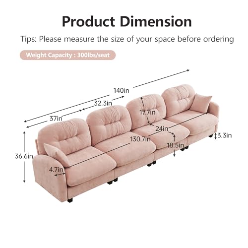 Image of KEIKI 140 inch Oversized Chenille Modular Sectional Sofa with High-Density Foam Cushion and Tufted Pleated Cushion Backrest, Upholstered Modern 4-Seater Cloud Couch with 2 Pillow, for Living Room, Pink