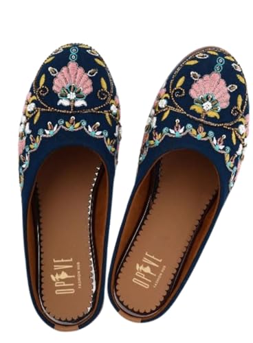 Image of OPIVE's Mehandi Women's Mojari Jutti Ethnic Punjabi Juttis Traditional Flat Embroidered Canvas Fancy Bellies Comfortable Sole for Womens & Girls
