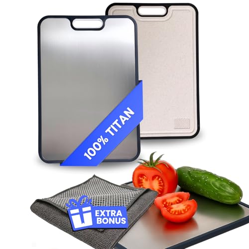 NYGRO Schneidebrett Titan - Antibakteriell, Nickelfrei, Hygienisch, Rutschfest | 100% Titan Schneidebrett Messerschonend | Großes Küchenbrett inklusive Mulifunktionstuch nur bei e-commerce Schwarz