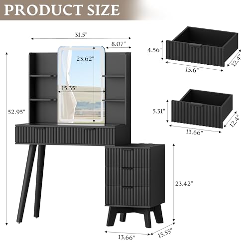 Image of Xixini Fluted Vanity Desk with LED Lights Mirror & Charging Station, Black