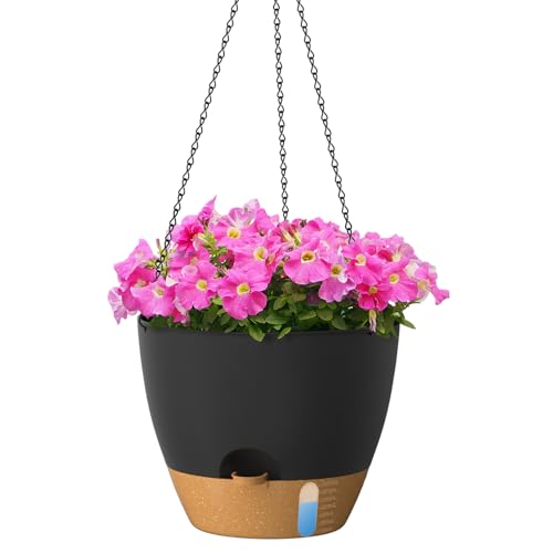ZMTECH 30 cm Hängetopf für Pflanzen mit Bewässerungslippe Selbstbewässernder Pflanzentopf mit Abflusslöchern und abnehmbarem Untersetzer aus Kunststoff für Innen- und Außenpflanzen (2er-Set, Schwarz)