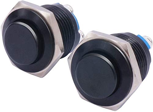 Taiss 2Pcs Momentary Push Button Switch Spst 16Mm 5/8" High Round Black Metal Waterproof Pushbutton Switches 1No 3A/ 12-250V For Industrial Car Switch G-M16Bk #TOP1