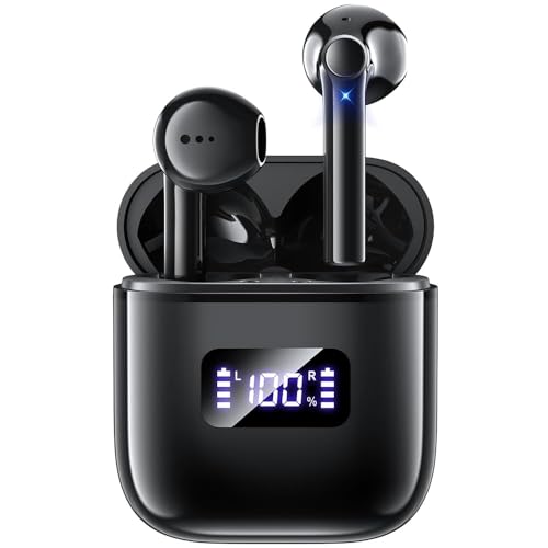 Eissix Wireless Earbuds, Bluetooth 5.3 Wireless Earphones with Button Control, Noise Cancelling Mic, 30H Playtime with Charging Case, LED Display, IP7 Waterpoof Headphones for iOS Android Black