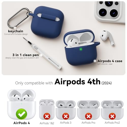 MCTOPZO for AirPods 4 Case 2024 Come with Cleaner Kit,Soft Silicone Protective Cover for Apple AirPods 4th Generation Cases with Keychain,Compatible with AirPod 4 Case for Women Men-Midnight Blue
