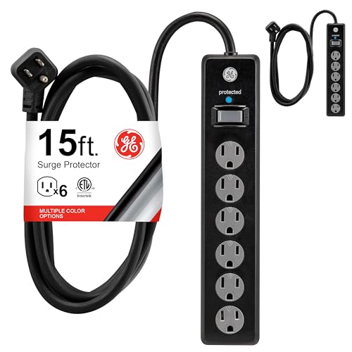 Image of GE Surge Protector Power Strip, 15 Ft Extension Cord, 6 Outlet Extender, 800 Joules, Flat Plug, Twist-to-Close Safety Covers, UL Listed, Black, 2 Pack, 54650