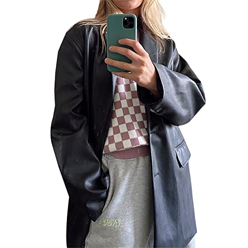 Women Faux Leather Blazer Jackets Button Down Oversized Vintage Pu Leather Lapel Jacket Streetwear (Black, Small) #TOP4