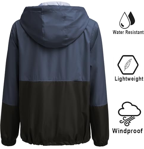 SoTeer Womens Lightweight Rain Jacket Hooded Raincoat Active Outdoor Waterproof Windbreaker Jackets with Zipper,Upgraded Navy Blue/XL
