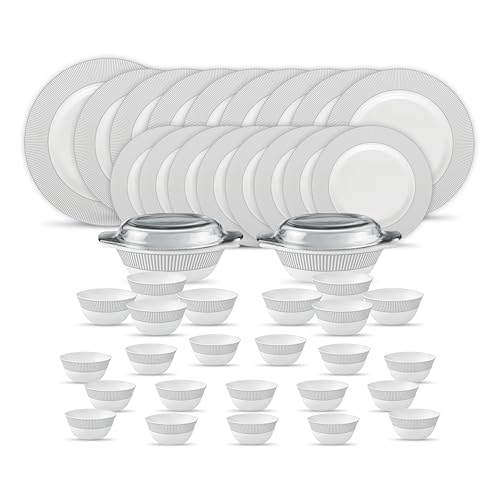 Image of La Opala Diva Velvett Collection Opal Glass Crockery | for Family of 8 | Dinner Set 45 pcs Imperial Grey | Plates & Bowls for Dining | Microwave Safe | 100% Vegetarian | Extra Strong | Light & White
