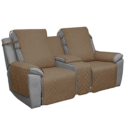 Image of Easy-Going Loveseat Recliner Cover with Console, Reversible Couch Cover for Living Room, Split Sofa Cover for Each Seat with Elastic Straps for Kids, Dogs, Pets(2 Seater, Camel /Ivory)