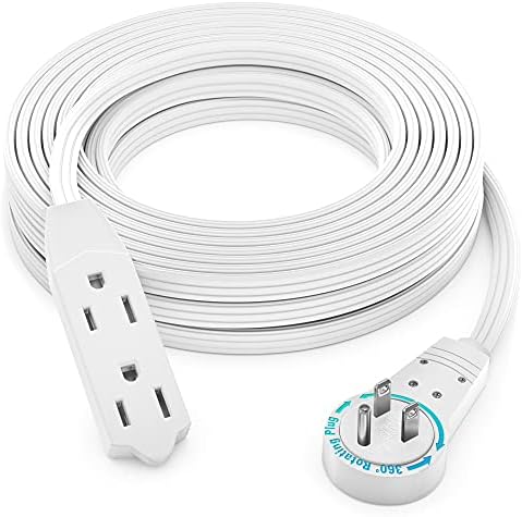 Maximm Cable 25 Ft 360° Rotating Flat Plug Extension Cord/Wire, 16 AWG Multi 3 Outlet Extension Wire, 3 Prong Grounded Wire - White - UL Certified