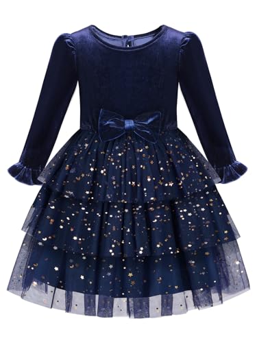 2-7Y Toddler Girls Fall Winter Velvet Tulle Tutu Dresses Long Sleeve Ruffle Holiday Christmas Princess Party Dress