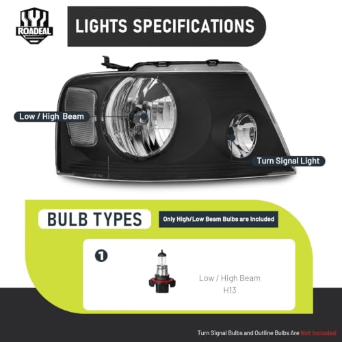 Image of Headlights for 2004-2008 Ford F150 /2006-2008 Lincoln Mark LT | Halogen Headlamp Replacement with High Low Beam Bulbs, Driver & Passenger Side