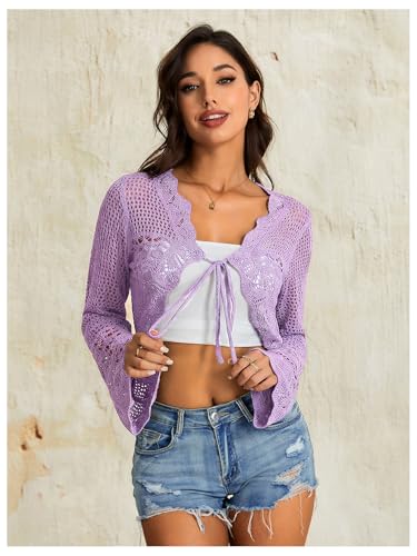 Image of OYOANGLE Women's Crochet Tie Front Sweater Cardigans Bell Sleeve Knitted Cropped Bolero Shrug Cardigan