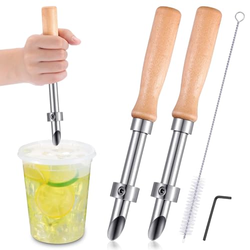 Zunetsutock Perforadora de limonenzitrus para pajitas - Juego de 2 pinzas de acero inoxidable para pajita de limón y madera - Accesorios de cocina para camping, familia, amigos, hogar, café, picnic