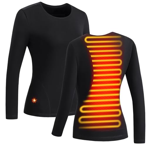AMOVO Heated Thermal Shirts for Men Women Fleece Lined Undershirt Long Sleeve Tops Winter Warm - USB Heating (US, Alpha, Large, Regular, Regular, Black - Female)