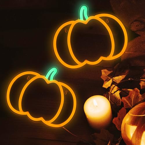 Image of MissAudrey 2Pcs Halloween Orange Pumpkin Neon Sign Lights, Neon Sign Hanging for Wall Decor, Cute Vintage Fall Thanksgiving Decor for Table Kitchen Bedroom Living Room Bar Pub Club Party, Indoor Battery Operated or USB