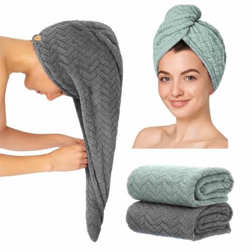 Image of MAXOSHINE Hair Towel Wrap for Women-Quick Drying Microfiber Towel for Hair with Elastic Loop for Tying-Super Absorbent Head Towels Wrap for Ladies Hair Turban Pack of 2