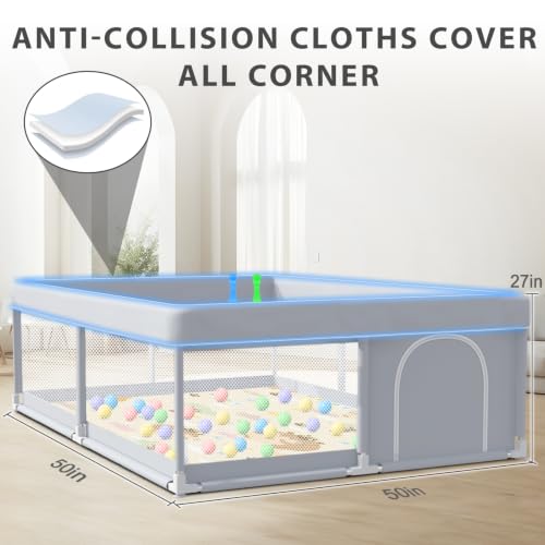 XVISHX Baby Playpen with Mat, 50x50 Inch Play Pen, Playpen for Babies and Toddlers, Baby Playard for Indoor & Outdoor Active Center Game Fence, with Skin-Friendly Fabric and Soft Breathable Mesh