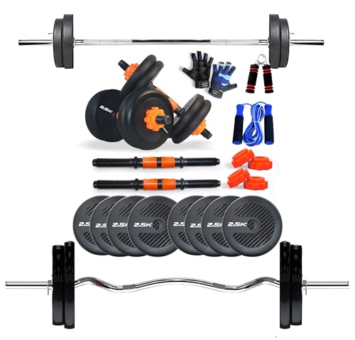 Image of WATSON Premium Home Gym Set for Men & Women, Home Gym Combo with Rubber Weight Plates, 25mm 3Ft Curl bar, 3Ft Straight Bar, Hard PVC Dumbbell Rods, Gripper, Skipping Rope & Gym Gloves (20 KG Combo)