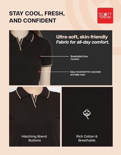Image of Scott International Women's Cotton Polo T-Shirt | Half Sleeve Plain Collar Tee | Stylish Casual Top | Plain T-Shirt for Girls | Workwear for Office & Casual Wear