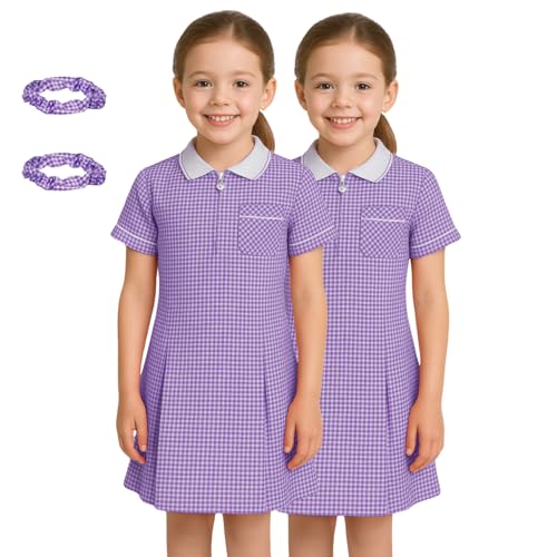 Image of SchoolStitch® Girls Gingham School Dress, Pack of 2 Kids Short Sleeve Zip Up Pleated Check Print Summer Dress with Side Pockets and Hair Bobble, School Uniform Girls Ages 3-20 Purple
