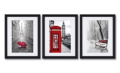 Black White And Red London Paris Wall Art Print Posters Eiffel Tower Decor Big Ben Art Wall Picture For Home Decoration 3 Piece Black Framed Off White Mat Painting Printed On Canvas #TOP14