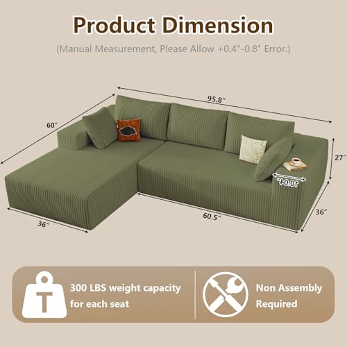 Image of 96 inch Modular Sectional Couch, Boneless L Shaped Cloud Sofa with Chaise Lounge, Corduroy Upholstered Couches Memory Foam Deep Seat, No Assembly Required, Ideal for Living Room(Green, Left Facing)