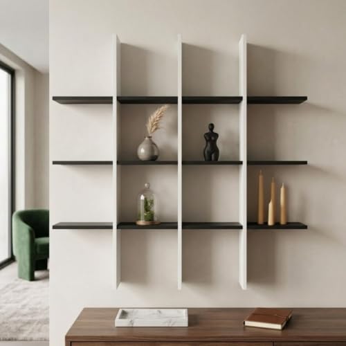 Image of Modern Wooden Wall Shelf for Living Room & Bedroom - Decorative Wall Mounted for Books, Showpieces & Home Decor - Multi-Compartment Floating Wall Organizer Black & White