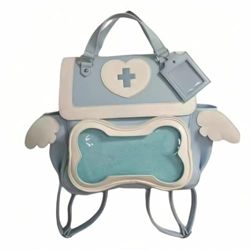 Image of Cute Puppy Bone Ita Bag Y2k Aesthetic Cute Backpack Waterproof PU Leather Backpack Cross and Angel Wings Ita Bag (Llight blue)