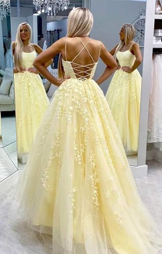 Women's Lace Appliques Prom Dresses Long Spaghetti Strap Ball Gowns Tulle Formal Dress for Party2