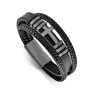 Fahonie Cross Leather Bracelet for Men Women 316L Stainless Steel with 18K Gold Plated Christ Jesus Crucifix Handmade Bracelet,7.5/8/9 Inches