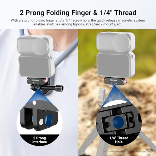Image of NEEWER Magnetic Quick Release Mount Adapter Compatible with DJI Osmo Nano, Dual Direction Magnet Metal Action Camera Base Holder, 2 Prong Folding Finger & 1 /4 inch Thread for Vlog Video Recording, AC056