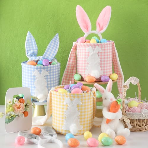 Image of 6 Pcs Bunny Canvas Bags Rabbit Print Basket with Foldable Ears Candy Goodie Bunny Tote Gift Bag for Birthday Party Decorations Supplies(Cute Color,Plaid)