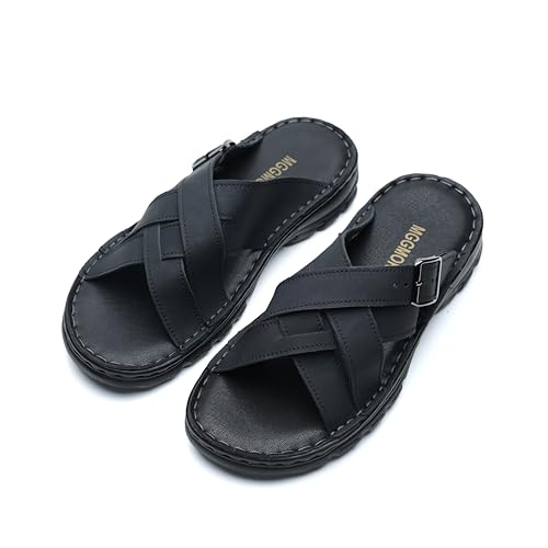 MGGMOKAY Mens Leather Slides Summer Leather Slipper Anti-Slip Comfortable Outdoor Sandals with Adjustable Strap 7
