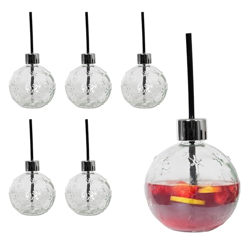 Spetebo Christbaumkugel Trinkglas 400 ml mit mehrfach wiederverwendbarem Trinkhalm - 6er Set - Weihnachtskugel Schneeflocken Punsch Glas mit Mehrweg Strohhalm - Design Punschglas Getränke Glas