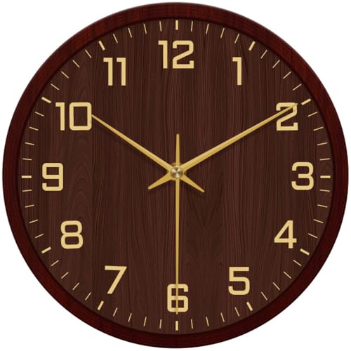 Image of STAR WORK Silent Non-Ticking Wall Clock 12 inch Inch Analog Clock & LCD Display | Calendar Date, Day, Temperature, Operated Decorative Clock for Living Room, Kitchen, Bedroom,Office (Wooden Gold)