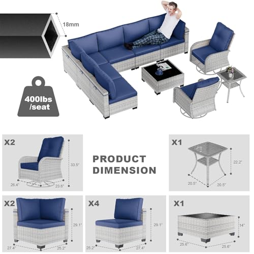Image of 10-Piece Modern Patio Furniture Set with Swivel Chairs, Thick Cushions, Dual-Strand Wicker Rattan, Rust-Resistant Frame, Navy Blue