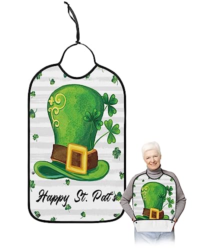 LEOKOTI St. Patrick's Day Adult Bibs for Eating, Waterproof Bibs with Food Catcher & Adjustable Snap Closure, Grey and White Stripes Watercolor Lucky Clover Clothing Protectors Adult Bibs for Elderly
