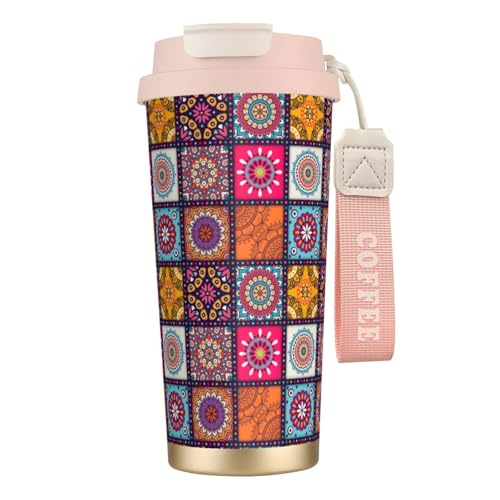 タンブラー マンダラ柄 曼荼羅 エスニック柄 マグボトル コーヒーカップ 水筒 保温 保冷 ウォーターボトル 蓋付き ストロー付き 直飲み おしゃれ プレゼント